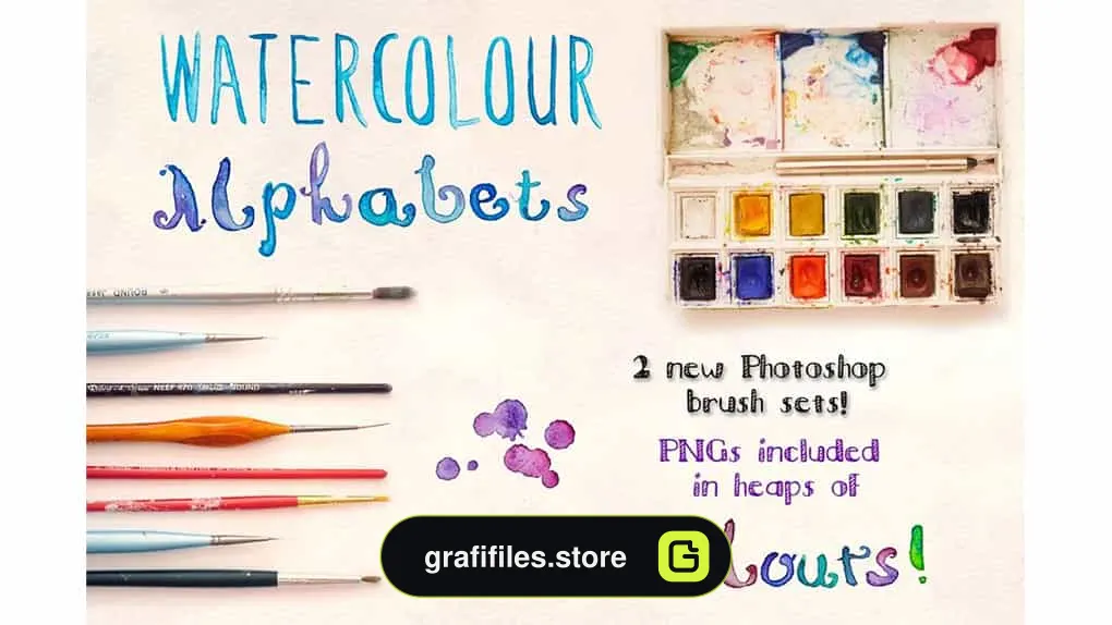 دانلود براش فتوشاپ و ایلستریتور آبرنگی 2 Watercolor Alphabet Brush Sets