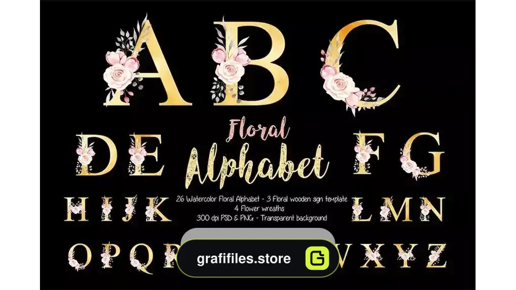 دانلود کلیپ آرت حروف الفبا با گل آبرنگی Watercolor Floral Alphabet