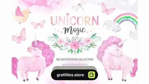 دانلود کلیپ آرت آبرنگی اسب تک شاخ Watercolor Unicorn Design Set