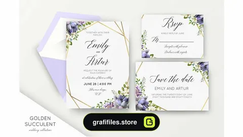 دانلود فایل لایه باز کارت دعوت عروسی Wedding suite – Golden Succulent