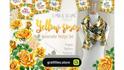 دانلود کلیپ آرت آبرنگی گل رز زرد Yellow Roses PNG watercolor set