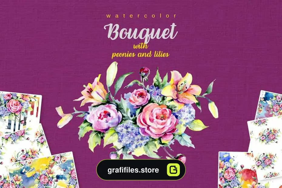 کلیپ آرت گل Bouquet With Peonies And Lilies