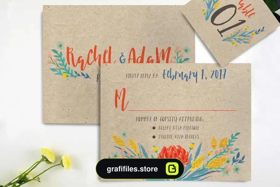 فایل لایه باز کارت دعوت عروسی Summer Floral Wedding Suite