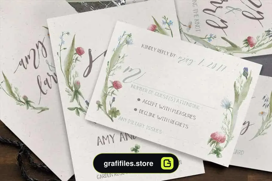 فایل لایه باز کارت دعوت عروسی Watercolor Flower Wedding Suite