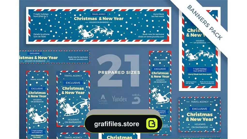 دانلود طرح لایه باز بنر آژانس مسافرتی کریسمس Christmas Travel Agency Banner Pack Template