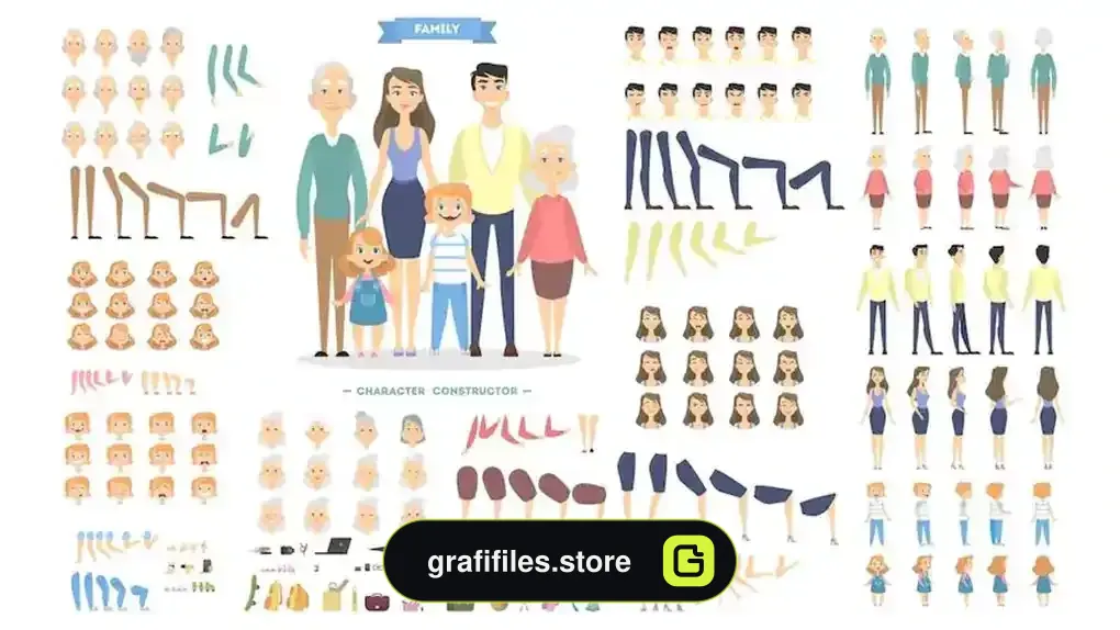دانلود وکتور اعضا خانواده Family characters set with poses and emotions