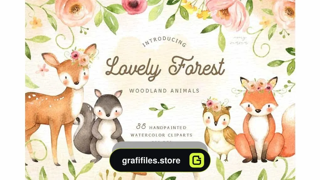 دانلود کلیپ آرت حیوانات جنگل Lovely Forest Watercolor Clip Art