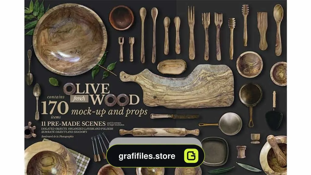 دانلود جعبه ابزار ساخت موکاپ ظرف چوبی Olive Wood Mock-Up Scene Generator