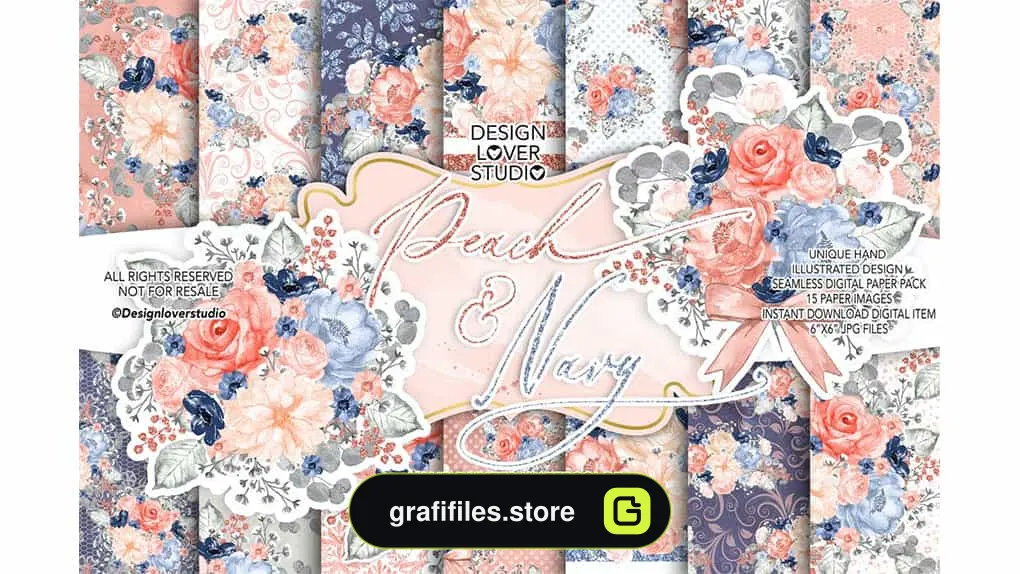 دانلود بک گراند کاغذ دیجیتال Watercolor Peach and Navy digital paper pack